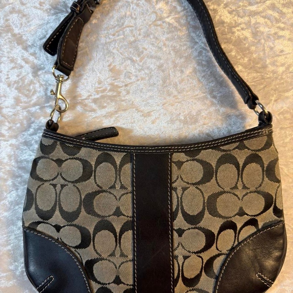 Vintage Y2K Coach Signature Jacquard Shoulder Bag Black Leather Mini Hobo